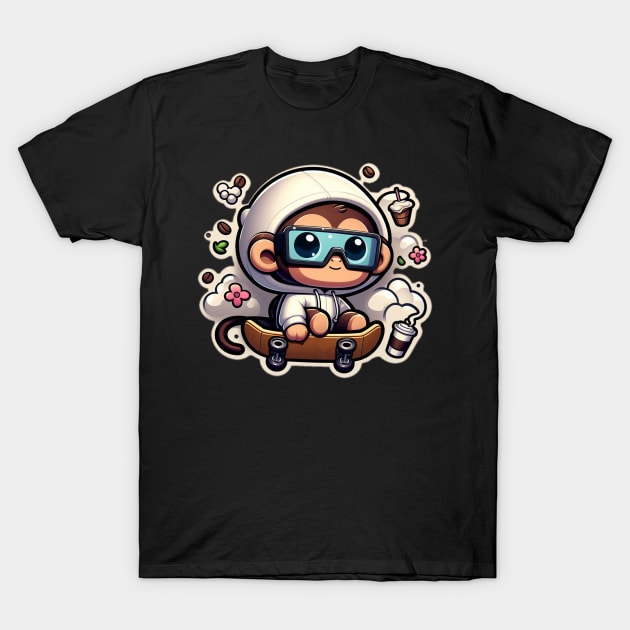 Monkey skateboarding with coffee T-Shirt by Rolling Reality